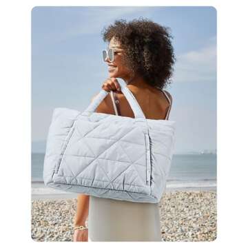 BAGSMART Tote Bag for Women, Puffy Tote Bag with Zipper, Large Quilted Shoulder Bag with Compartment...