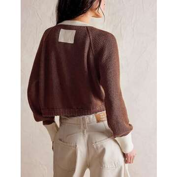 PUWEI Women's Cropped Cardigan Sweaters Casual Long Sleeve Button Up Cardigans Color Block Crewneck Knit Outwear Jackets (Coffee-M)