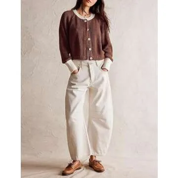 PUWEI Women's Cropped Cardigan Sweaters Casual Long Sleeve Button Up Cardigans Color Block Crewneck Knit Outwear Jackets (Coffee-M)