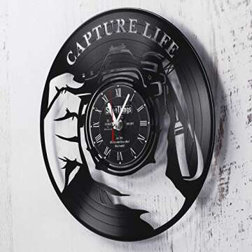 Photographer Clock - Photographer Gifts for Women Men - Camera Wall Clock - Gifts for Photography - Photography Gifts for Women – Photography Themed Gifts - Wall Décor Vinyl Record Clock Black