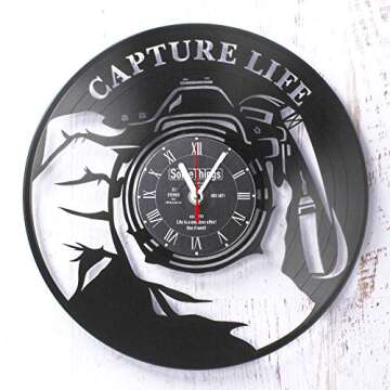 Photographer Clock - Photographer Gifts for Women Men - Camera Wall Clock - Gifts for Photography - Photography Gifts for Women – Photography Themed Gifts - Wall Décor Vinyl Record Clock Black