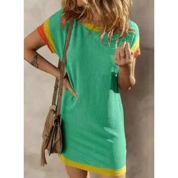 Acelitt Womens Casual Summer Dress 2024 Fashion Color Block Crewneck Short Sleeve Loose Vacation Beach Ribbed Shift T Shirts Mini Dresses Light Green Large