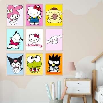 BigWig Prints Hello Kitty Poster Set - Hello Kitty Wall Decor, My Melody, Keroppi, Pompompurin, Kuromi, Badtz-Maru, Cinnamoroll, Wall Art Posters for Girls bedroom - Unframed Set Of 9 (8x10”)
