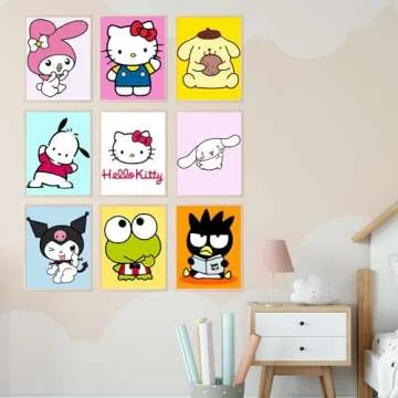 BigWig Prints Hello Kitty Poster Set - Hello Kitty Wall Decor, My Melody, Keroppi, Pompompurin, Kuromi, Badtz-Maru, Cinnamoroll, Wall Art Posters for Girls bedroom - Unframed Set Of 9 (8x10”)