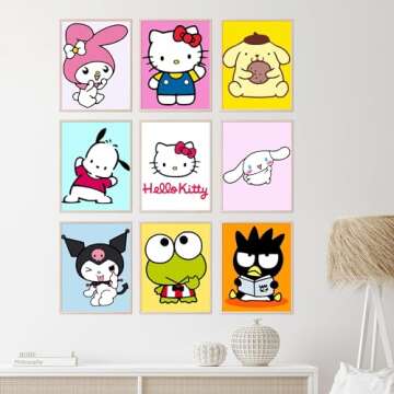 BigWig Prints Hello Kitty Poster Set - Hello Kitty Wall Decor, My Melody, Keroppi, Pompompurin, Kuromi, Badtz-Maru, Cinnamoroll, Wall Art Posters for Girls bedroom - Unframed Set Of 9 (8x10”)