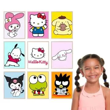 BigWig Prints Hello Kitty Poster Set - Hello Kitty Wall Decor, My Melody, Keroppi, Pompompurin, Kuromi, Badtz-Maru, Cinnamoroll, Wall Art Posters for Girls bedroom - Unframed Set Of 9 (8x10”)