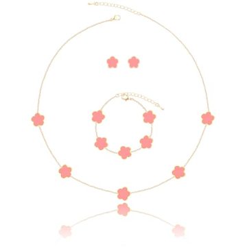 Lucky Pink Four Leaf Clover Jewelry Set - 14K Gold Plated Necklace, Bracelet & Earrings