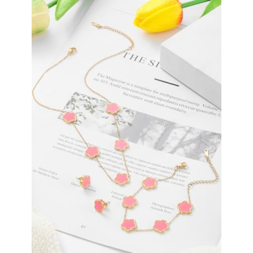 Lucky Pink Four Leaf Clover Jewelry Set 14K Gold Plated