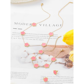 Lucky Pink Four Leaf Clover Jewelry Set 14K Gold Plated