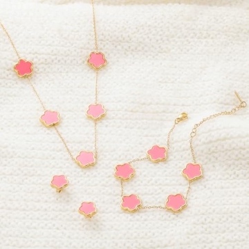 Lucky Pink Four Leaf Clover Jewelry Set 14K Gold Plated