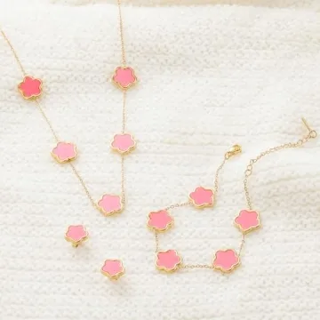 Lucky Pink Four Leaf Clover Jewelry Set 14K Gold Plated