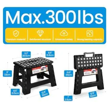 ACSTEP Folding Step Stool 9'' Tall Kids Step Stool Holds Up to 300 lb Plastic Foldable Step Stools for Kids Non-Slip Surface with Carry Handle Collapsible Stool for Home, Outdoor and Indoor(Black)