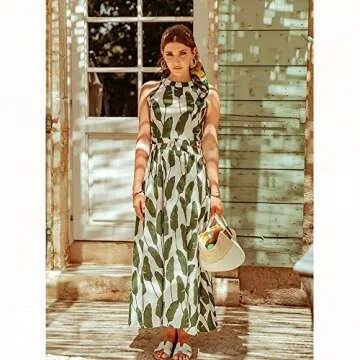 CHICWISH Women's Summer Palm Green Leaf Print Halter Neck Sleeveless Party Maxi Dress