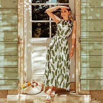 CHICWISH Women's Summer Palm Green Leaf Print Halter Neck Sleeveless Party Maxi Dress