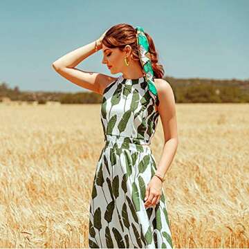 CHICWISH Women's Summer Palm Green Leaf Print Halter Neck Sleeveless Party Maxi Dress