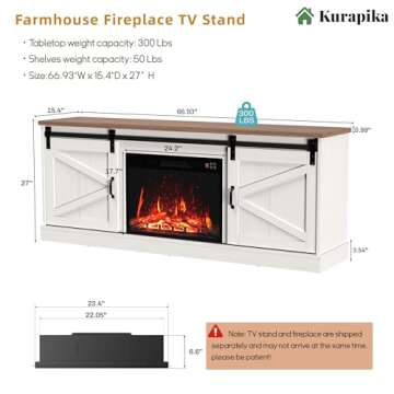 Kurapika Fireplace TV Stand for up to 75" TV, Farmhouse Entertainment Center with 24" Fireplace, 67"...