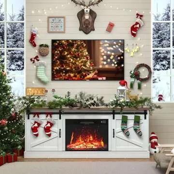 Kurapika Fireplace TV Stand for up to 75" TV, Farmhouse Entertainment Center with 24" Fireplace, 67" Media Console Cabinets for Living Room w/Storage Shelves, Remote Control, White