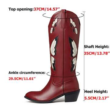 CYNLLIO Womens Cowgirl Boots Vintage Fashion Butterfly Embroidery Western Cowboy Boots Chunky Cork Heel Wide Mid Calf Boots Pull on Cosplay Shoes