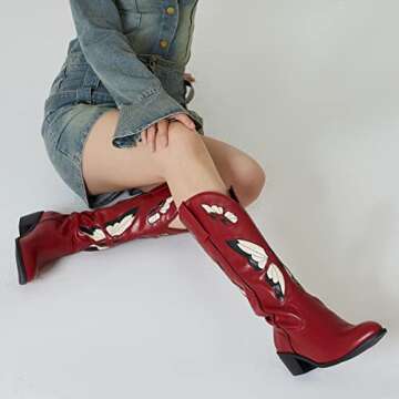 CYNLLIO Womens Cowgirl Boots Vintage Fashion Butterfly Embroidery Western Cowboy Boots Chunky Cork Heel Wide Mid Calf Boots Pull on Cosplay Shoes