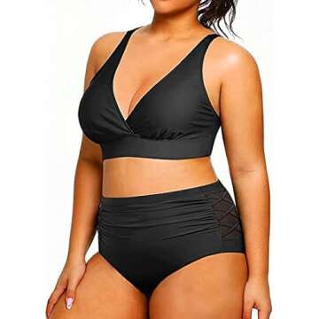 Yonique Womens Plus Size Bikini High Waisted Swimsuits Two Piece Bathing Suits Tummy Control Swimwear Black 14Plus