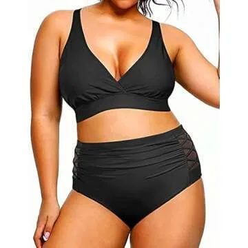 Yonique Womens Plus Size Bikini High Waisted Swimsuits Two Piece Bathing Suits Tummy Control Swimwear Black 14Plus