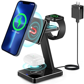 Aluminum Alloy 3 in 1 Magnetic Wireless Charger,15W Fast Wireless Charging Station Compatible with M...