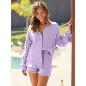 AUTOMET 2 Piece Sets For Women Lounge Wear Matching Two Piece Pajama Fashion Oversized Shirts And Shorts Spring Outfit 2025 01Purple S