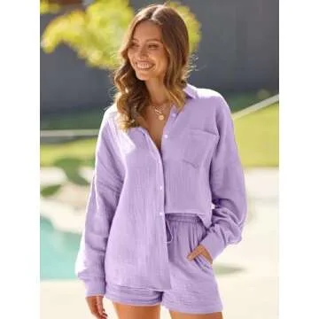 AUTOMET 2 Piece Sets For Women Lounge Wear Matching Two Piece Pajama Fashion Oversized Shirts And Shorts Spring Outfit 2025 01Purple S