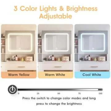 Vabches Vanity Desk with Mirror and Lights, Makeup Vanity with Charging Station, Vanity Table with Drawers, Shelves and Large Storage Cabinet for Home and Bedroom