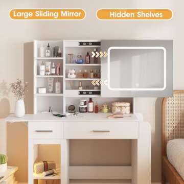 Vabches Vanity Desk with Mirror and Lights, Makeup Vanity with Charging Station, Vanity Table with Drawers, Shelves and Large Storage Cabinet for Home and Bedroom
