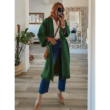 miduo Womens Coats Fashion Vintage Long Sleeve Open Front Loose Plaid Long Cardigans Coats JACKETS Tartan Outerwear Green L