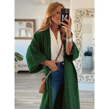 miduo Womens Coats Fashion Vintage Long Sleeve Open Front Loose Plaid Long Cardigans Coats JACKETS Tartan Outerwear Green L