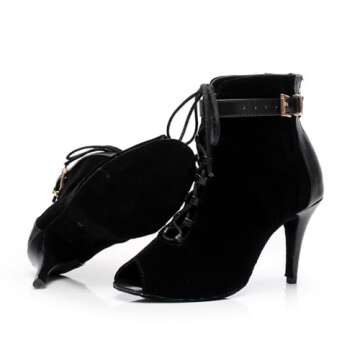 Minishion Dancing Boots Women Latin Ballroom Ankle Dance Shoes Sommer Evening Wedding Party Heeded Sandals QJ6179 Black US 9