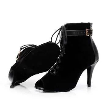 Minishion Dancing Boots Women Latin Ballroom Ankle Dance Shoes Sommer Evening Wedding Party Heeded Sandals QJ6179 Black US 9