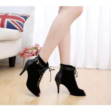 Minishion Dancing Boots Women Latin Ballroom Ankle Dance Shoes Sommer Evening Wedding Party Heeded Sandals QJ6179 Black US 9