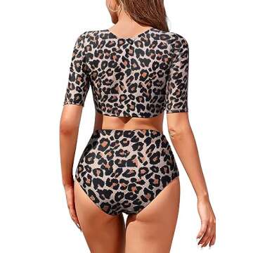 Womens High Waisted Bikini Set Short Sleeve Tie Front Swimsuit Top Sporty Tummy Control Bottom Ruched Two Piece Bathing Suit Black Leopard M