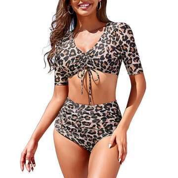 Womens High Waisted Bikini Set Short Sleeve Tie Front Swimsuit Top Sporty Tummy Control Bottom Ruched Two Piece Bathing Suit Black Leopard M