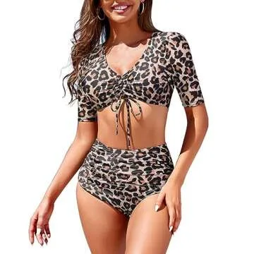 Womens High Waisted Bikini Set Short Sleeve Tie Front Swimsuit Top Sporty Tummy Control Bottom Ruched Two Piece Bathing Suit Black Leopard M