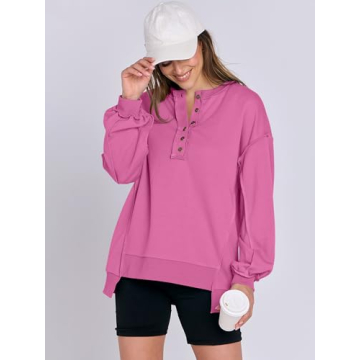 Caracilia Women's Oversized Sweatshirts Long Sleeve Henley Button Down Pullover Hoodies Tunic Tops 2025 Trendy Fall Clothes Purple XXL