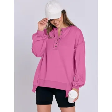 Caracilia Women's Oversized Sweatshirts Long Sleeve Henley Button Down Pullover Hoodies Tunic Tops 2025 Trendy Fall Clothes Purple XXL
