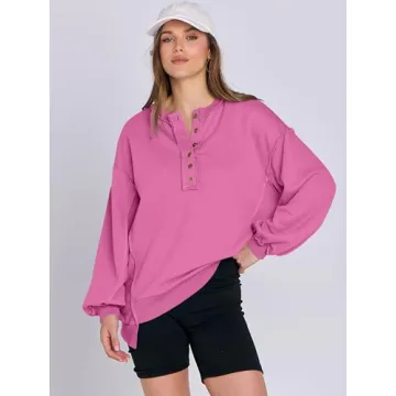 Caracilia Women's Oversized Sweatshirts Long Sleeve Henley Button Down Pullover Hoodies Tunic Tops 2025 Trendy Fall Clothes Purple XXL