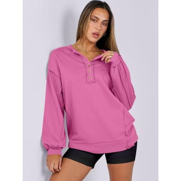 Caracilia Women's Oversized Sweatshirts Long Sleeve Henley Button Down Pullover Hoodies Tunic Tops 2025 Trendy Fall Clothes Purple XXL