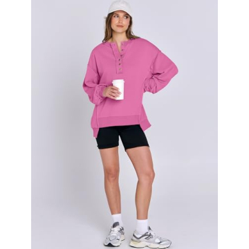 Caracilia Women's Oversized Sweatshirts Long Sleeve Henley Button Down Pullover Hoodies Tunic Tops 2025 Trendy Fall Clothes Purple XXL