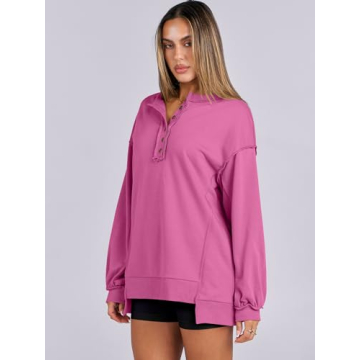 Caracilia Women's Oversized Sweatshirts Long Sleeve Henley Button Down Pullover Hoodies Tunic Tops 2025 Trendy Fall Clothes Purple XXL