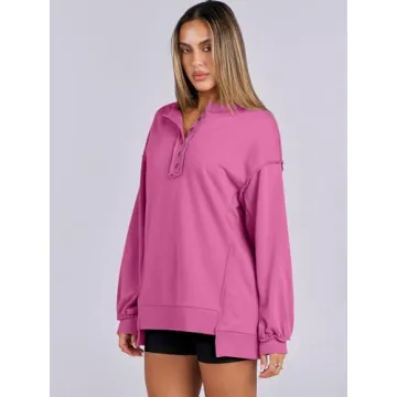 Caracilia Women's Oversized Sweatshirts Long Sleeve Henley Button Down Pullover Hoodies Tunic Tops 2025 Trendy Fall Clothes Purple XXL