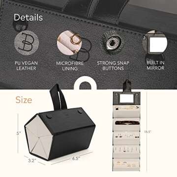 Travel Jewelry Organizer Jewelry Box – Luxurious, Compact Jewelry Travel Organizer w/Necklace Holder, Earring Organizer, Ring Holder, Hidden Compartments Jewelry Roll Case w/ 5X Capacity! (BLACK)