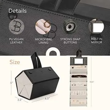Travel Jewelry Organizer Jewelry Box – Luxurious, Compact Jewelry Travel Organizer w/Necklace Holder, Earring Organizer, Ring Holder, Hidden Compartments Jewelry Roll Case w/ 5X Capacity! (BLACK)