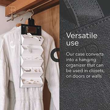 Travel Jewelry Organizer Jewelry Box – Luxurious, Compact Jewelry Travel Organizer w/Necklace Holder, Earring Organizer, Ring Holder, Hidden Compartments Jewelry Roll Case w/ 5X Capacity! (BLACK)