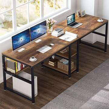 Tribesigns Two Person Desk with Bookshelf, 78.7 Computer Office Double Desk for Two Person, Rustic Writing Desk Workstation with Shelf for Home Office (Brown)