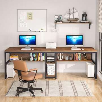 Tribesigns Two Person Desk with Bookshelf, 78.7 Computer Office Double Desk for Two Person, Rustic Writing Desk Workstation with Shelf for Home Office (Brown)